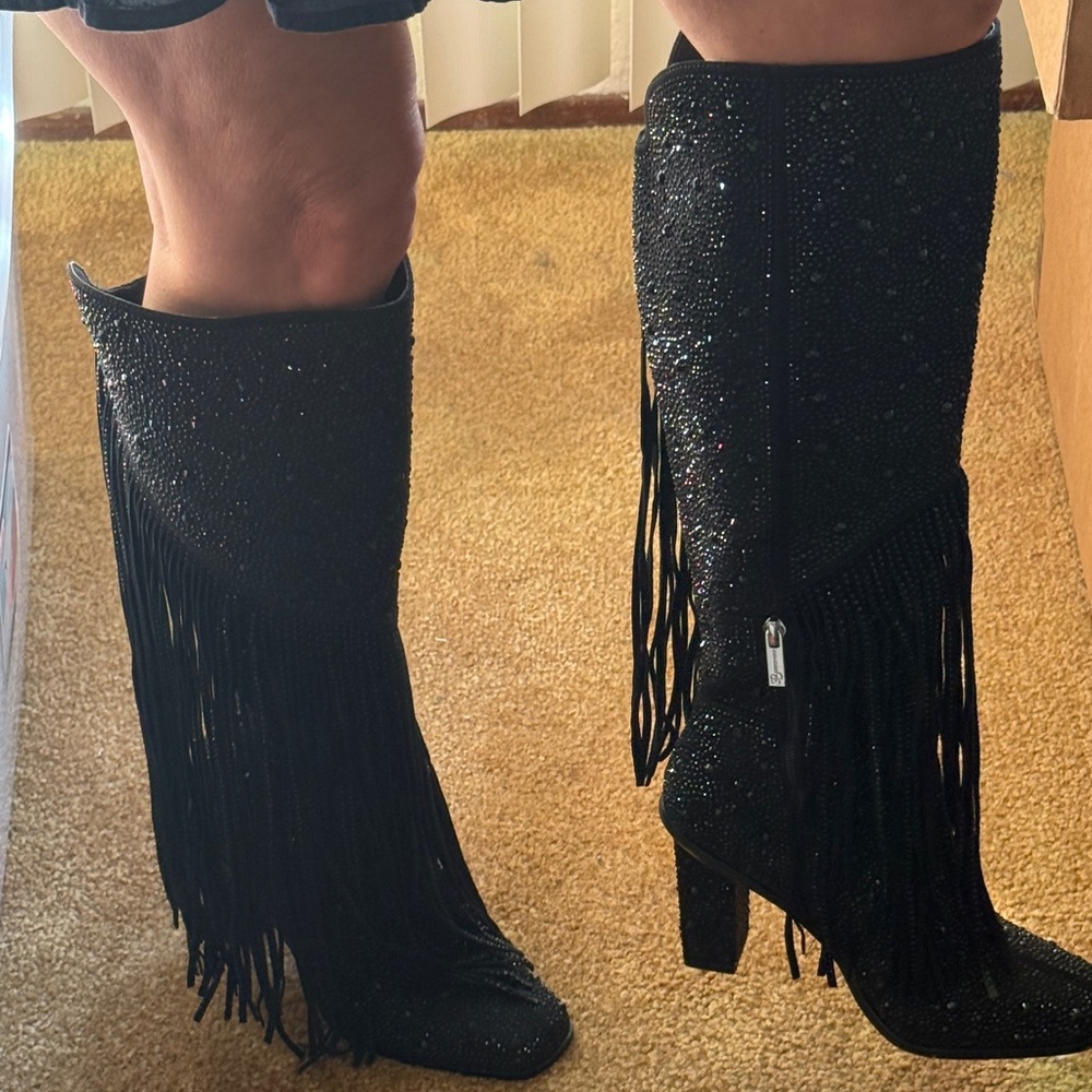 Jessica Simpson Black Sparkle Fringe Knee Boots